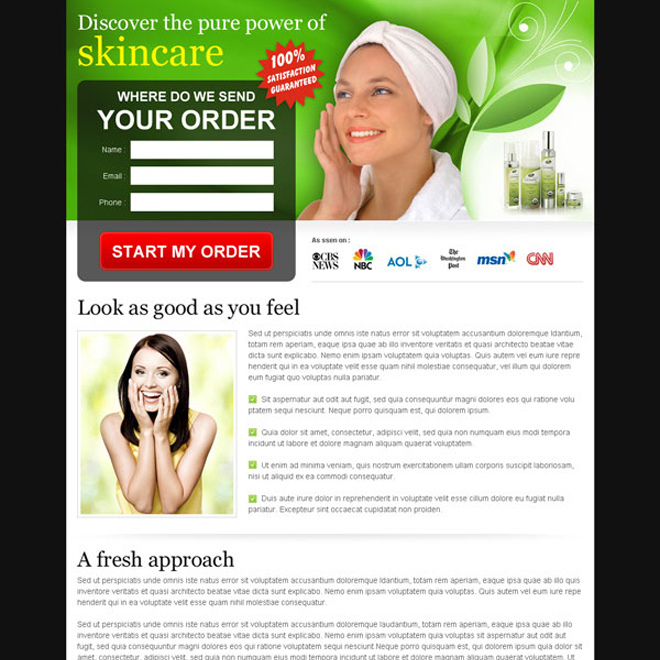 natural skin care product order now lead capture form landing page design