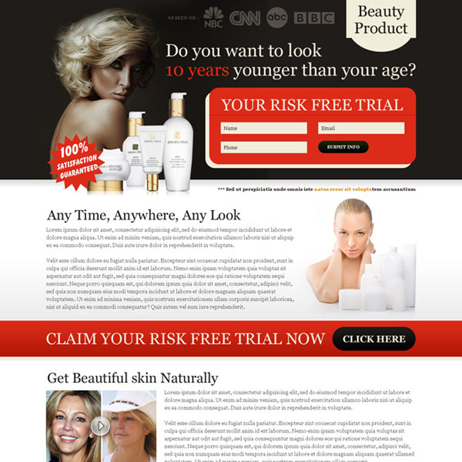 look 10 years younger than your age risk free trial lead capture squeeze page design