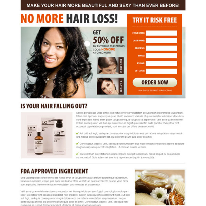 no more hair loss converting lead generating squeeze page design for your hair loss product