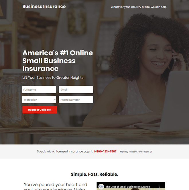 small business insurance responsive landing page Business Insurance example