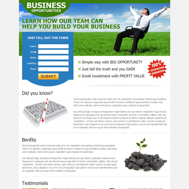 clean and converting business opportunity landing page design