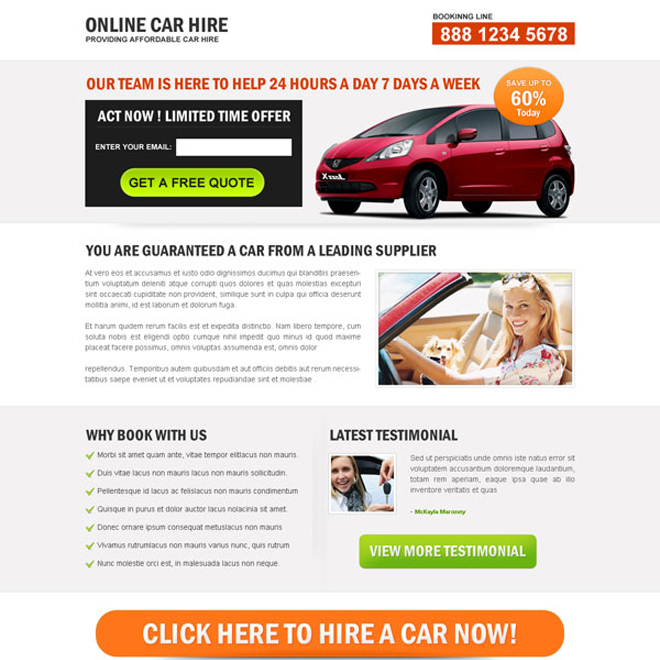 online car hire clean lead capture landing page design