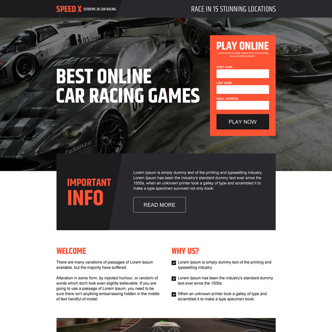 responsive online car racing games landing page design Games example