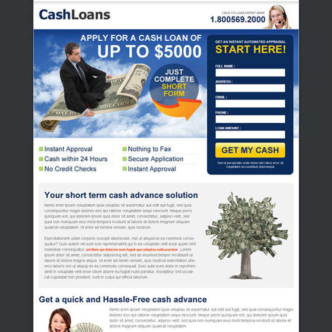 cash loan white and blue lead capture converting design