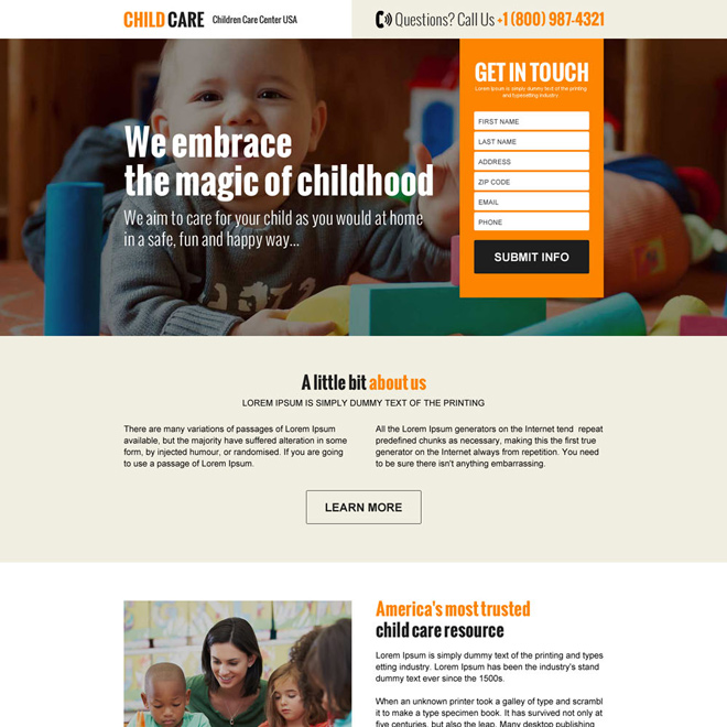 online child care agency responsive landing page design Child Care example