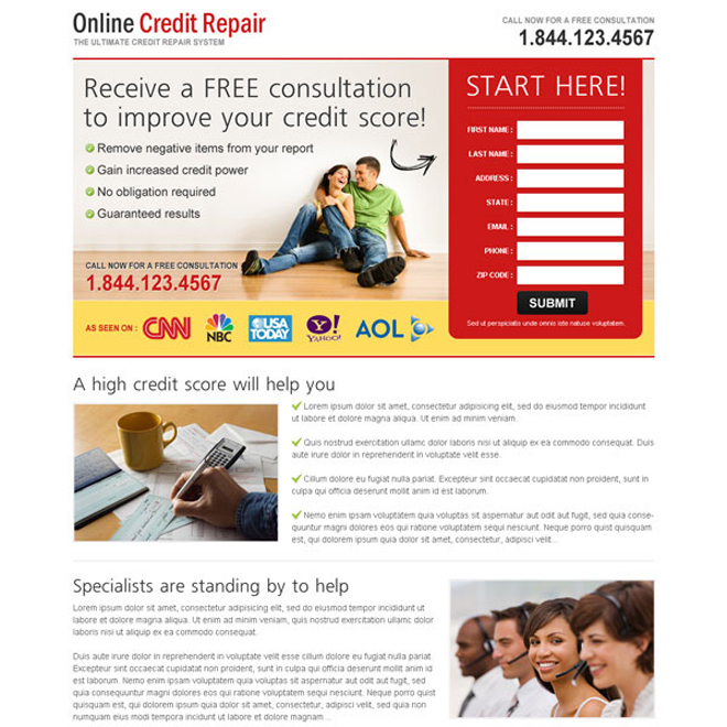 receive a free consultation to improve your credit score very attractive and converting landing page design Credit Repair example