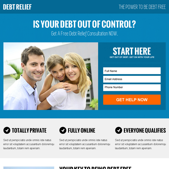 online debt solution lead gen responsive landing page design