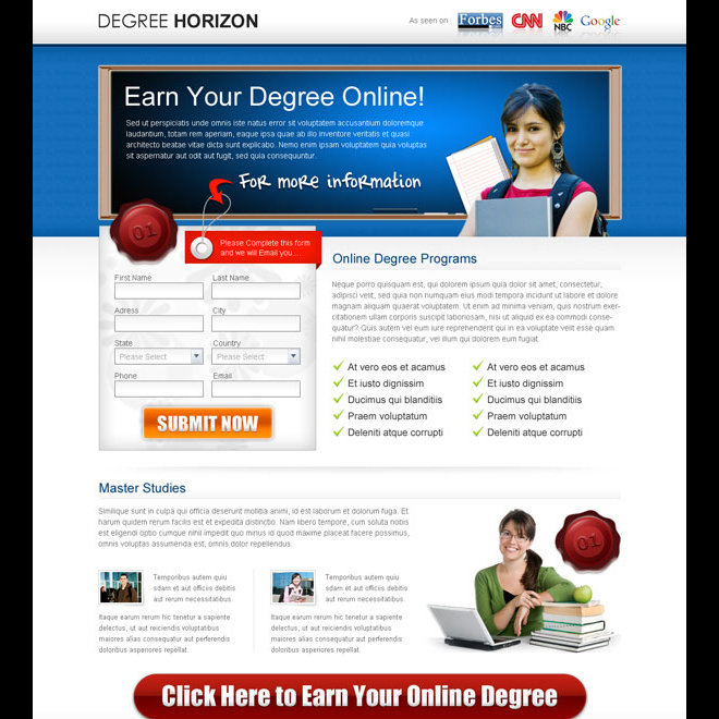 earn your degree online education lead capture page Education example