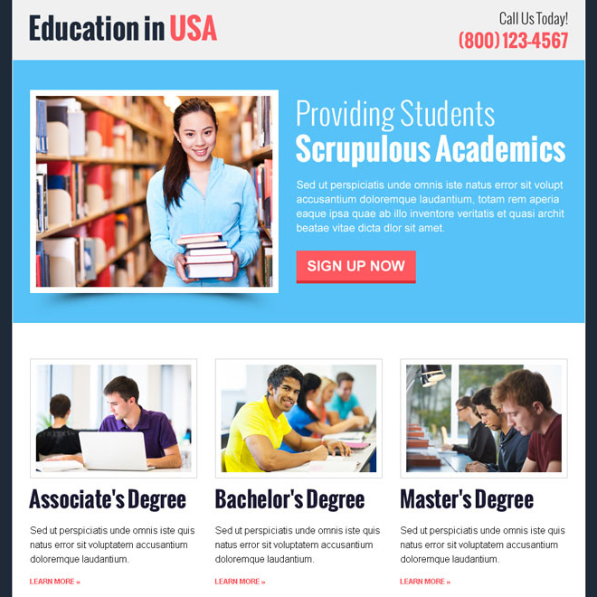 online education in usa converting call to action responsive landing page design template Education example