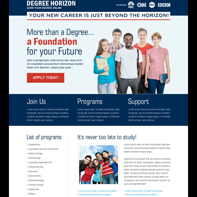 degree horizon apply now call to action landing page design