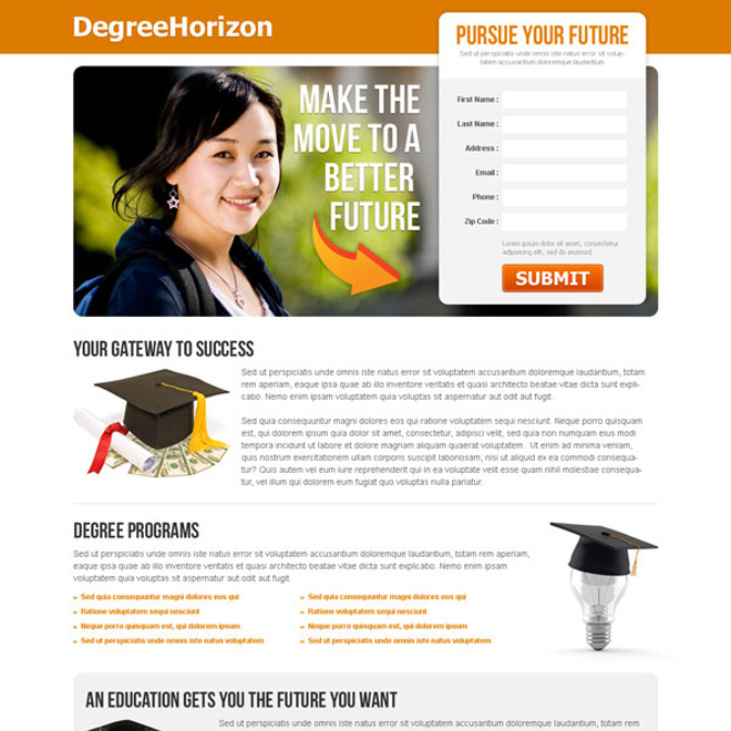 pursue your future clean and converting lead capture education landing page Education example