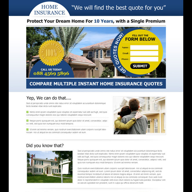 instant home insurance quote lead capture squeeze page design