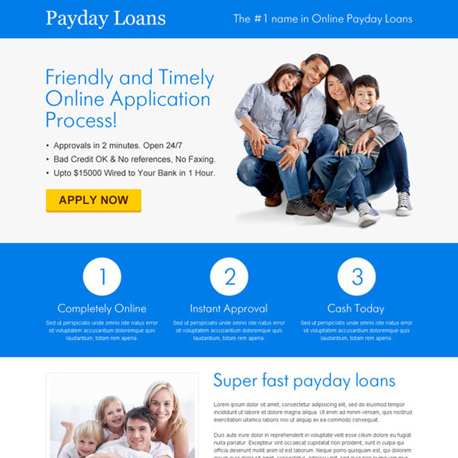 white and blue payday loan responsive lander design Payday Loan example