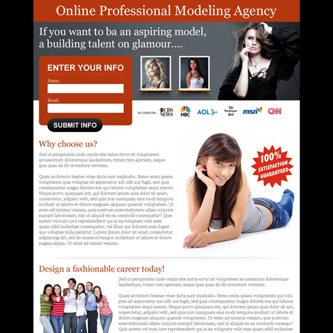 online professional modeling agency lead capture landing page design template Fashion and Modeling example