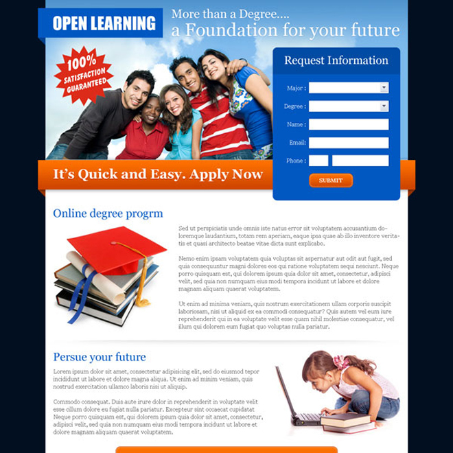 open learning most converting education lead capture page Education example