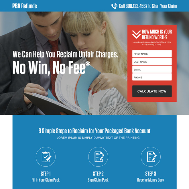 packaged bank account refunds responsive landing page Attorney and Law example