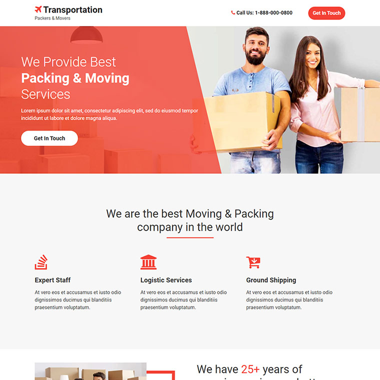 packing and moving services responsive landing page Transportation example