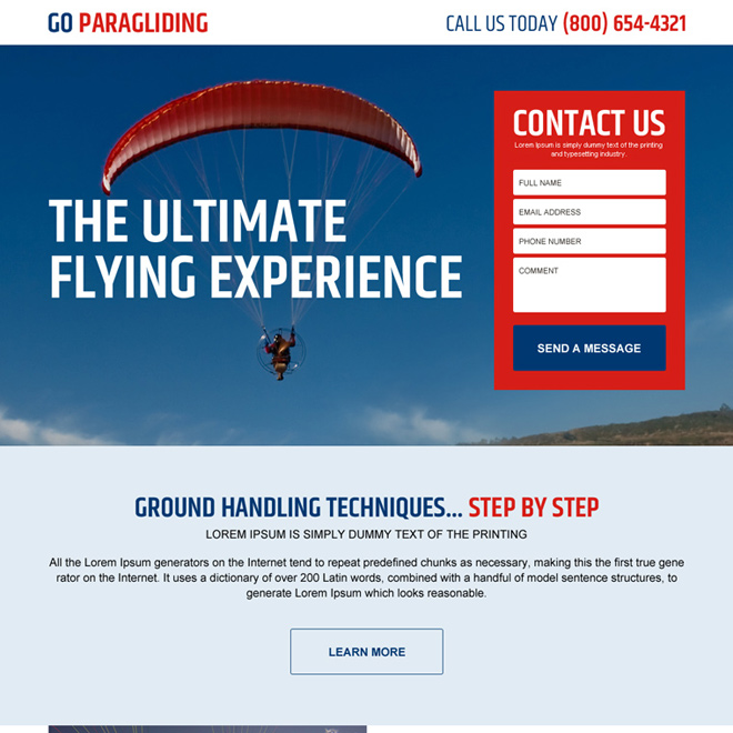 paragliding lead gen responsive landing page design Sports example