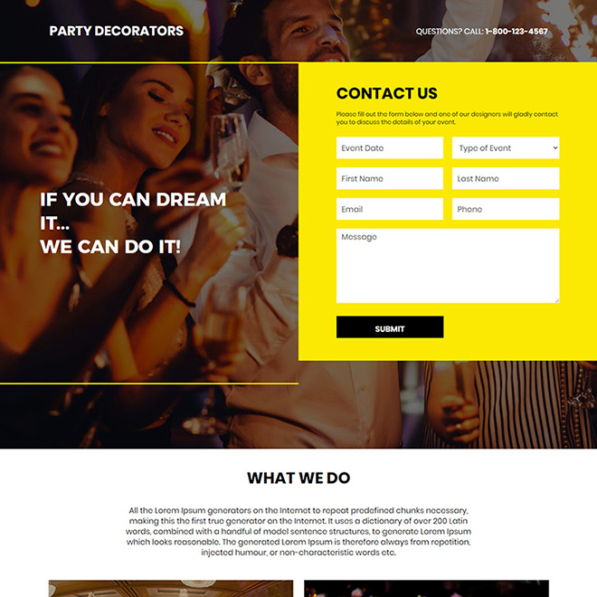 party decorators lead capture responsive landing page Event example