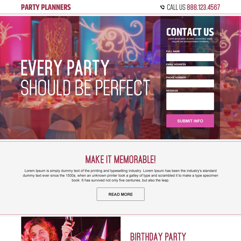 party planner converting responsive landing page design Event example