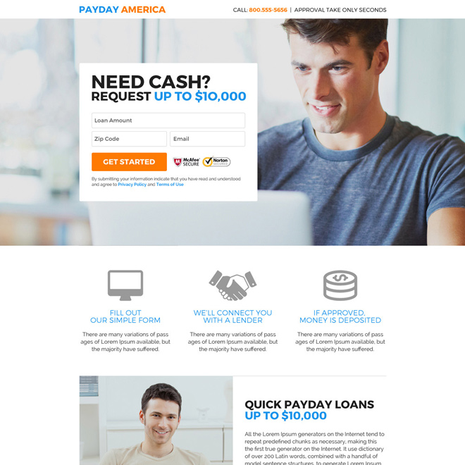 minimal payday quick cash loan lead capturing landing page design