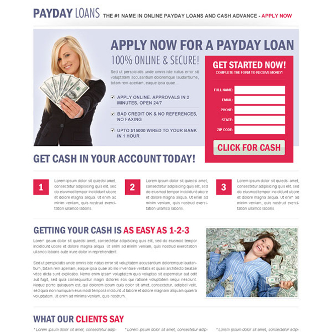 clean and user friendly payday cash advance landing page design