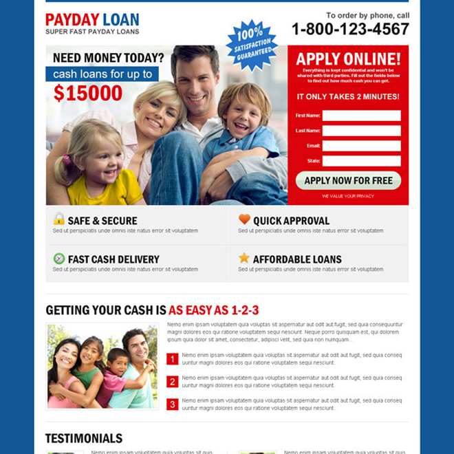 super fast payday loan creative lead capture squeeze page design Payday Loan example