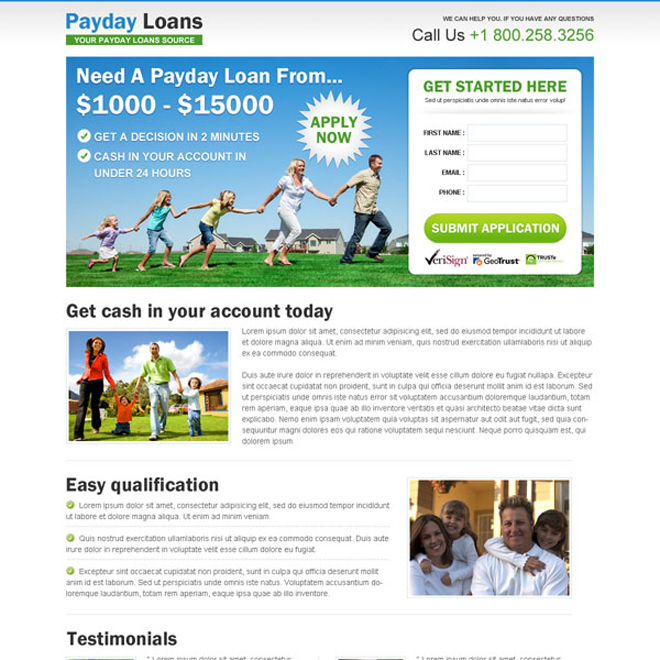 payday cash loan lead capture responsive landing page design template