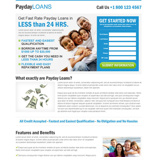 payday loan clean blue and white lead capture squeeze page Payday Loan example