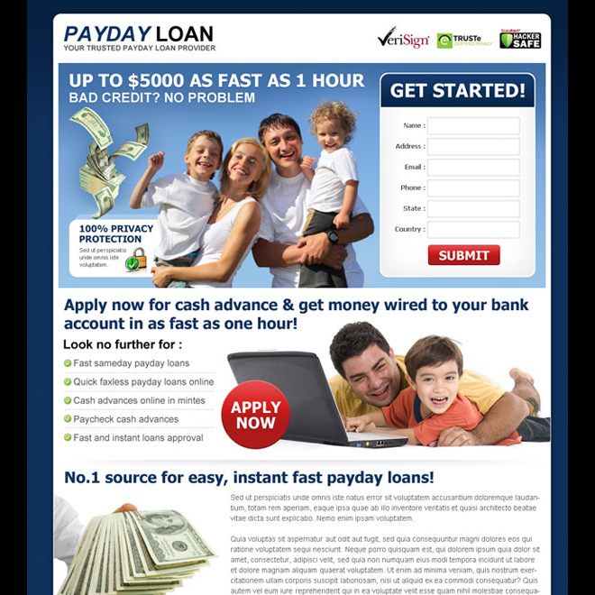 payday loan lead capture landing page design template Payday Loan example