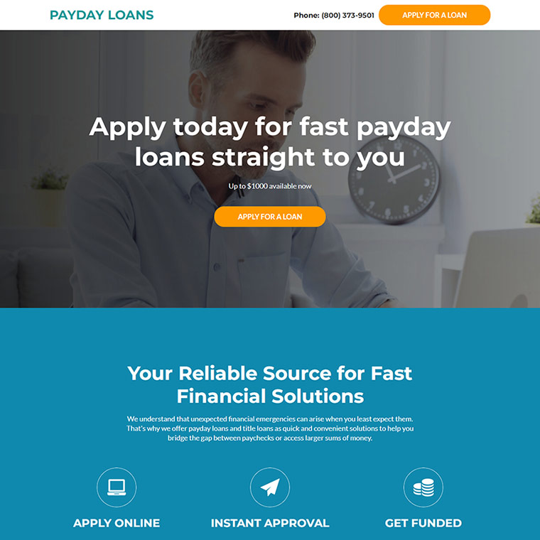 instant cash payday loans lead capture landing page Payday Loan example