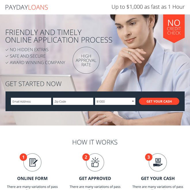 payday loan without credit check responsive landing page Payday Loan example