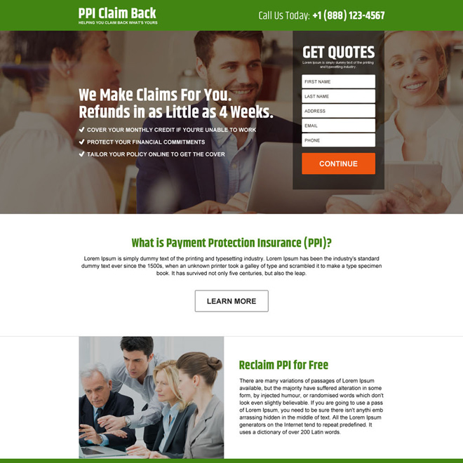 payment protection insurance responsive landing page design