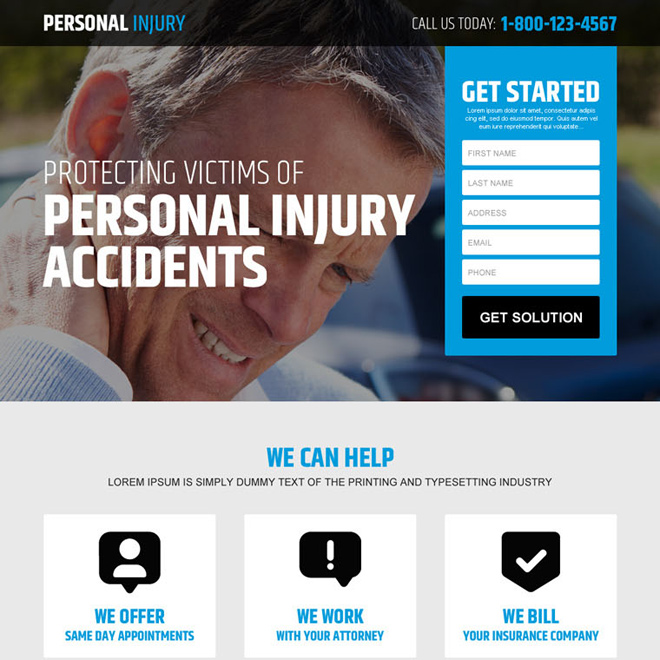 personal injury accidents claim lead generating responsive landing page design Personal Injury example