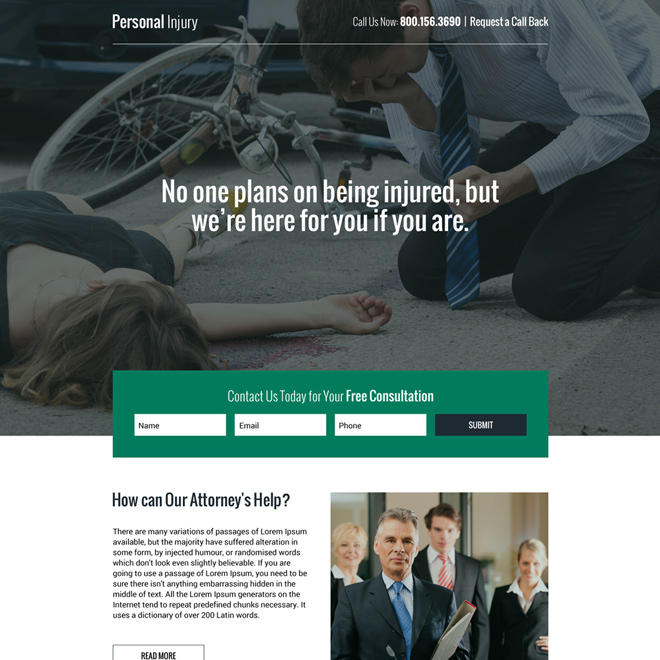 responsive personal injury free consultation lead capturing landing page Personal Injury example