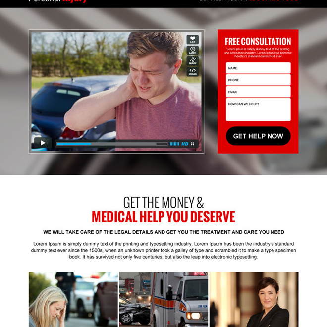 personal injury lead gen video responsive landing page design