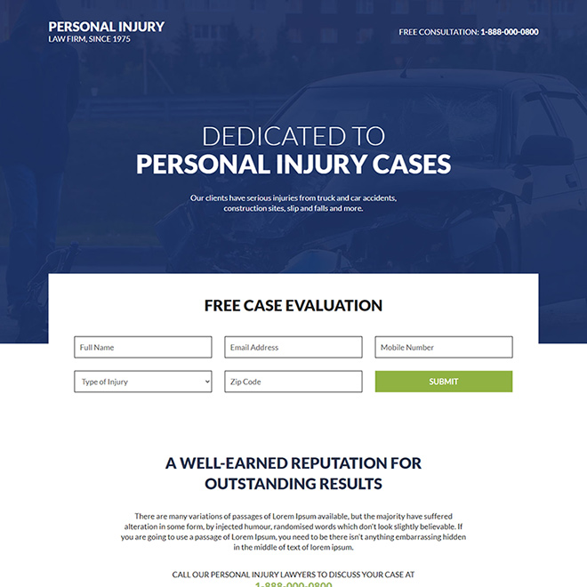 personal injury lawyer free evaluation responsive landing page Personal Injury example