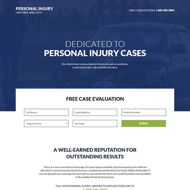 personal injury lawyer free evaluation responsive landing page