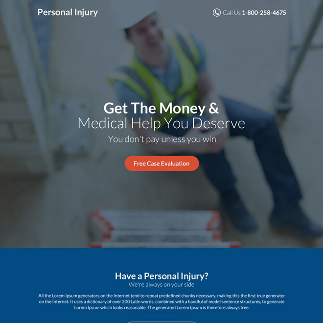 personal injury free case evaluation responsive landing page design Personal Injury example