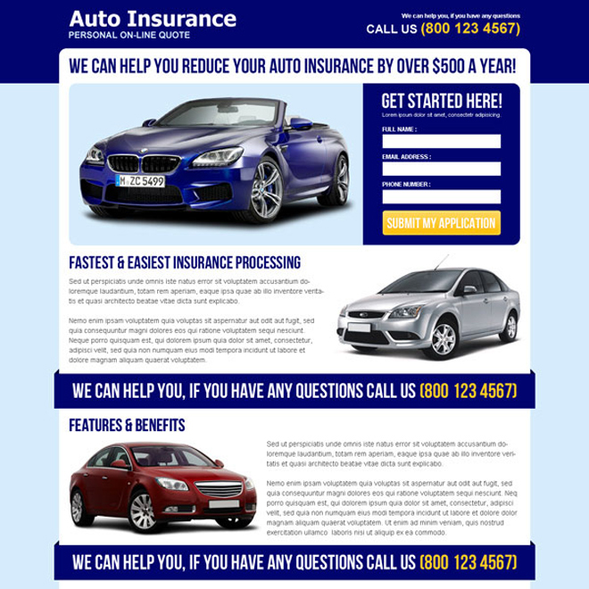 reduce your auto insurance attractive and effective squeeze page design