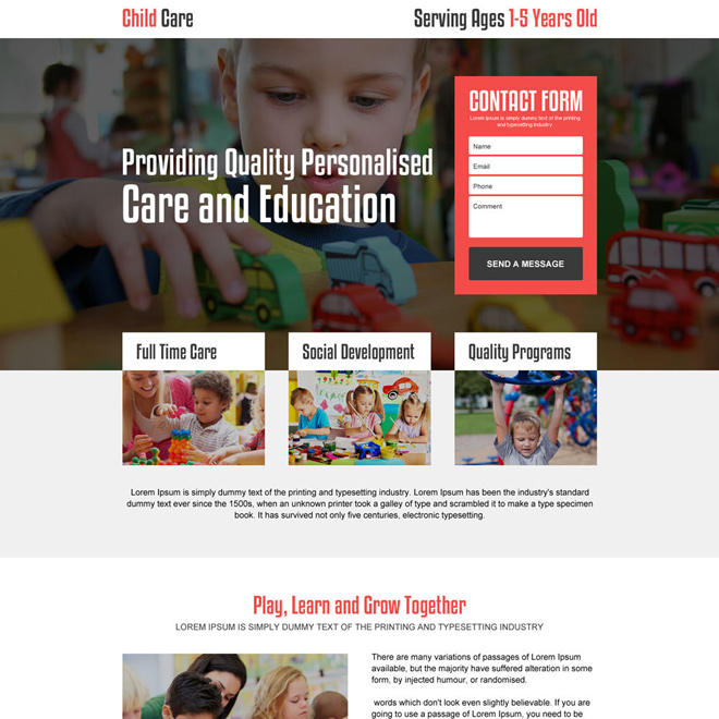 personalized child care responsive landing page design