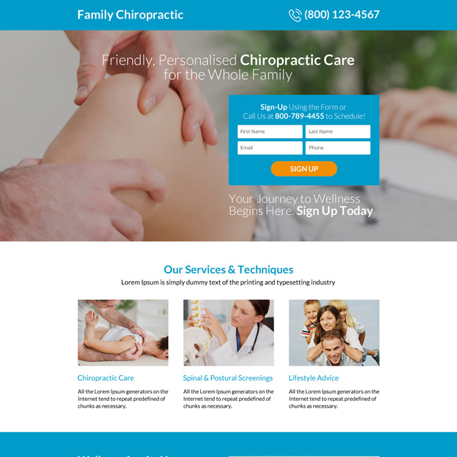 personalized chiropractic care sign up capturing responsive landing page design Chiropractic example