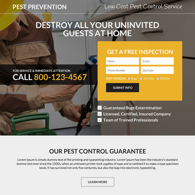 minimal pest prevention responsive landing page design