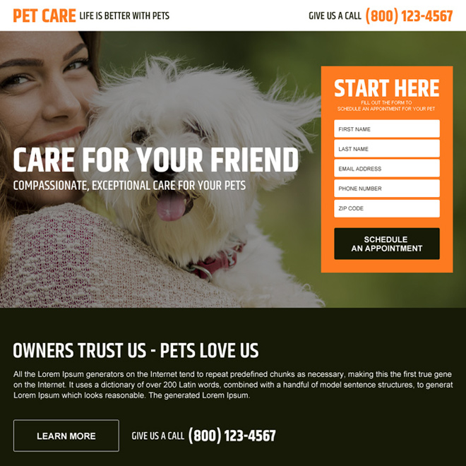 pets care service responsive landing page design Animals and Pets example