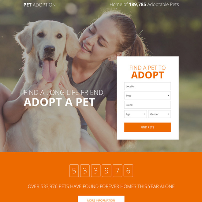 pets adoption responsive lead capture landing page Adoption example