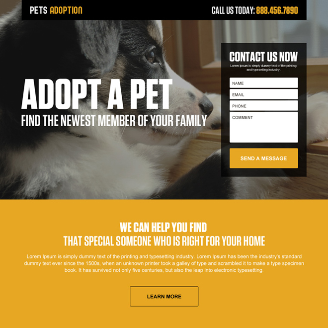 pets adoption lead generating responsive landing page Adoption example