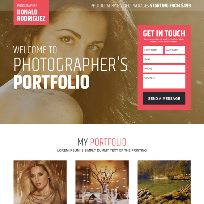 responsive photographers portfolio showcasing landing page design Photography example