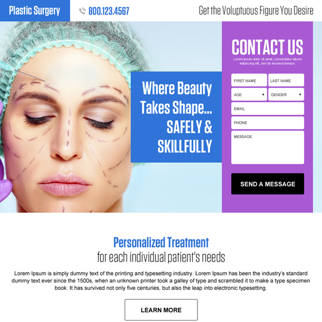 plastic surgery lead generating responsive landing page design Cosmetic Surgery example