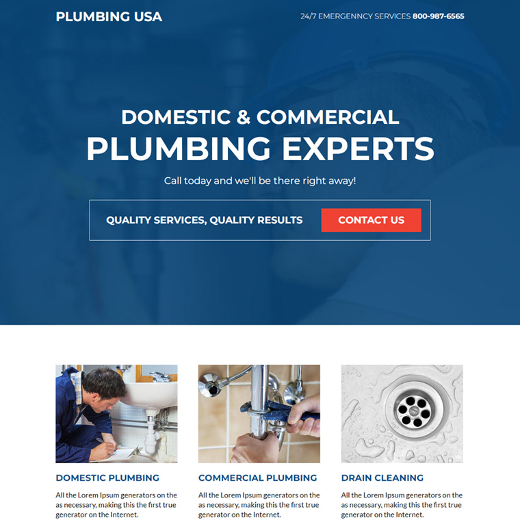 domestic and commercial plumbing experts landing page