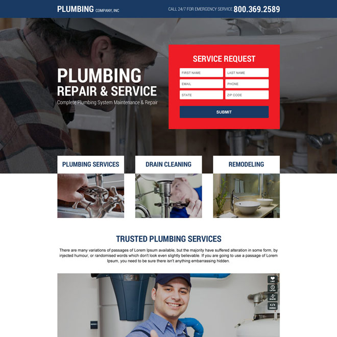 plumbing service company responsive landing page Plumbing example